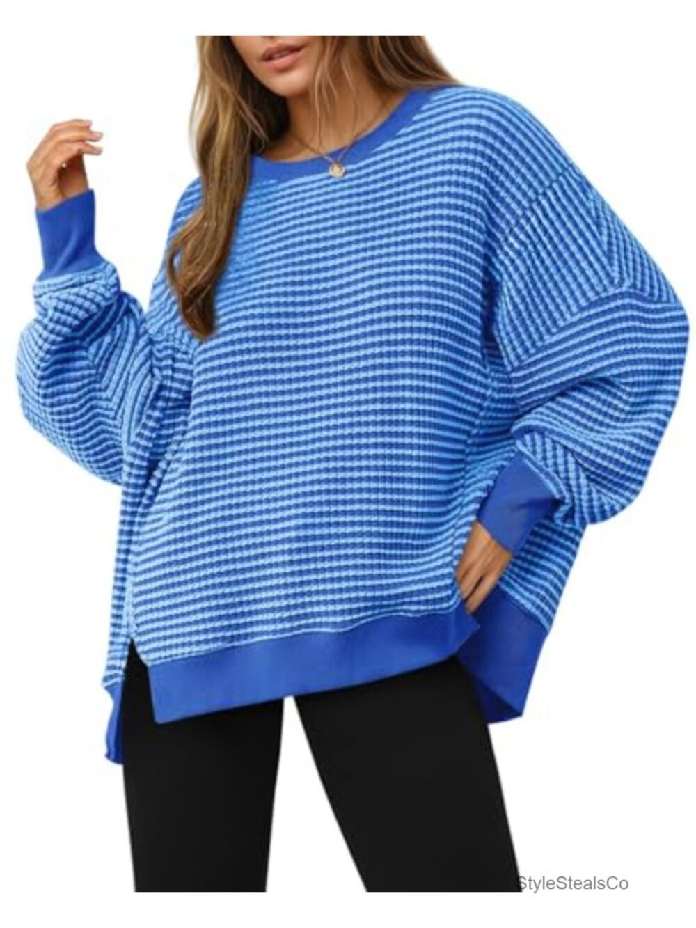 Waffle Knit Oversized Sweatshirt Crewneck Split Pullover Tunic Top